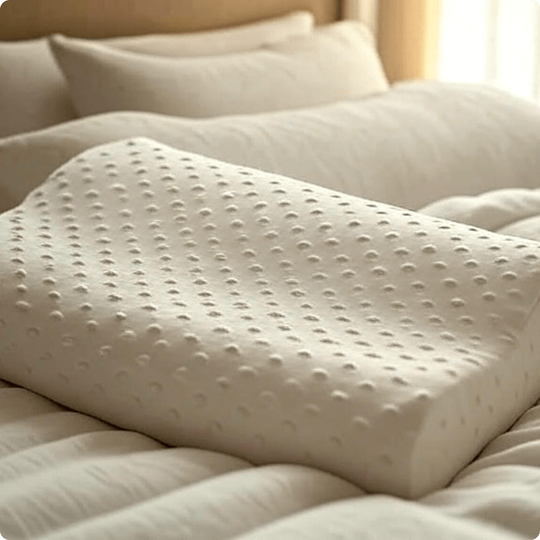 alt="Spino pillow in sunlit bedroom – clean and calming environment"