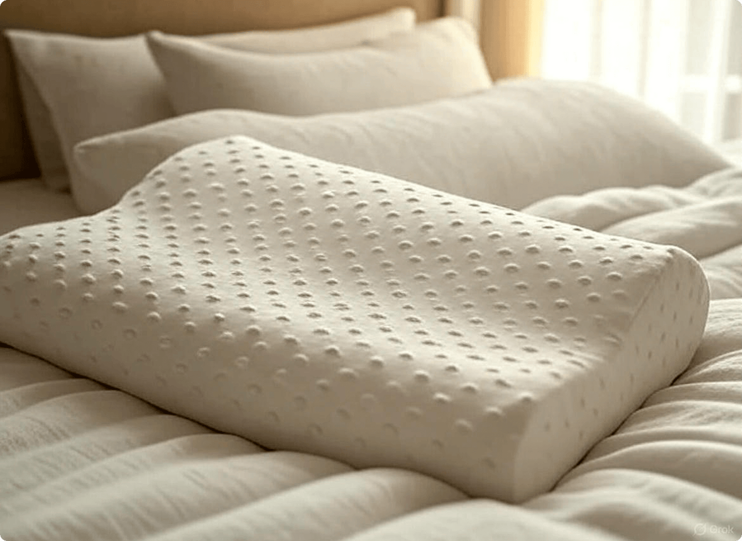 alt="Ergonomic Spino pillow placed on bed – designed for healthy sleep posture"