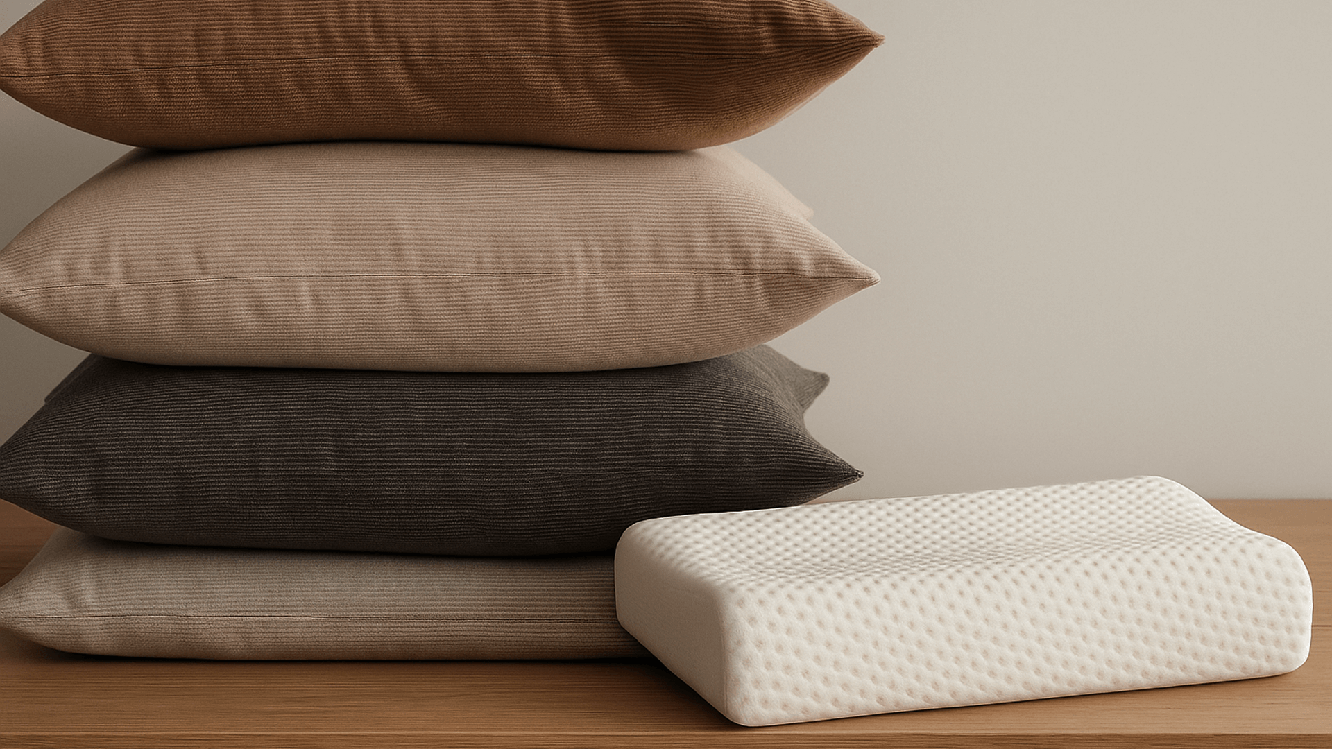 alt="Stack of natural linen pillows with ergonomic Spino pillow in front – comfort and spine support"